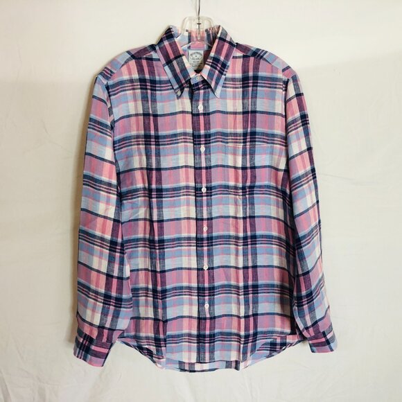 Books Brothers Baird McNutt Irish Linen Regen Mens Medium Plaid Button Up Shirt - Picture 4 of 6